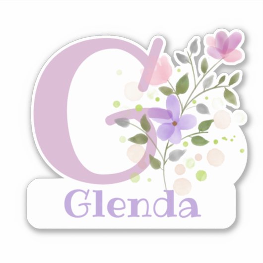 Naam Glenda plus Initiaal met Bloemendesign Sticker (Voorkant)