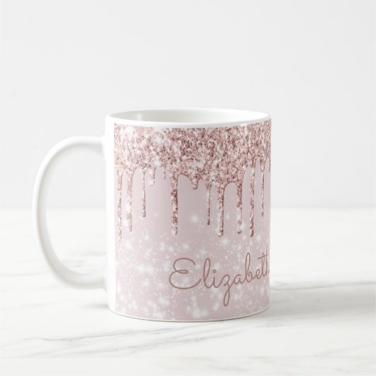 Naam Glitter Pink Rose Gold Drip Koffiemok (Links)