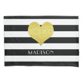 Naam Gold Heart Black White Stripes Pattern Kussensloop (Voorkant-Links)