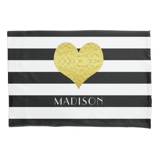 Naam Gold Heart Black White Stripes Pattern Kussensloop (Voorkant-Links)