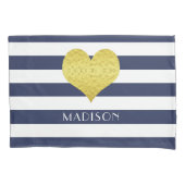 Naam Gold Heart Blue White Stripes Pattern Kussensloop (Voorkant-Links)