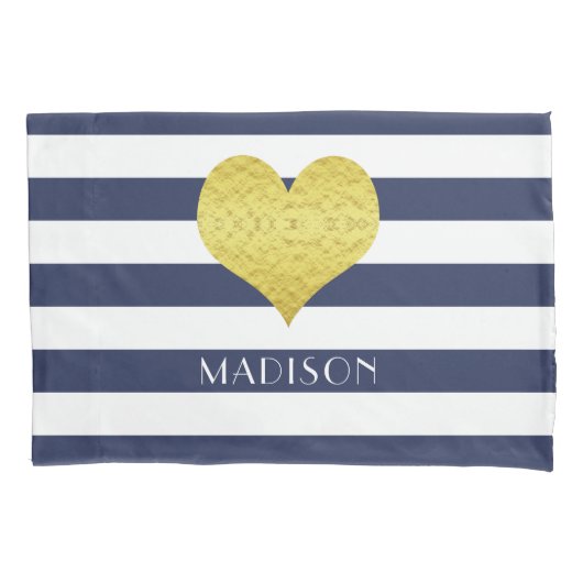 Naam Gold Heart Blue White Stripes Pattern Kussensloop (Voorkant-Links)