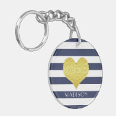 Naam Gold Heart Blue White Stripes Pattern Sleutelhanger (Voorkant Links)