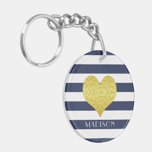 Naam Gold Heart Blue White Stripes Pattern Sleutelhanger (Voorkant Links)