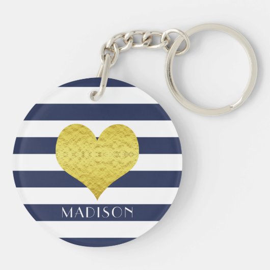 Naam Gold Heart Blue White Stripes Pattern Sleutelhanger (Achterkant)