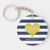 Naam Gold Heart Blue White Stripes Pattern Sleutelhanger (Voorkant)