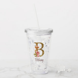 Naam Goud Folie Blush Roze Rozen Letter B Acryl Drinkbeker