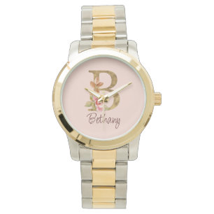 Naam Goud Folie Blush Roze Rozen Letter B Horloge