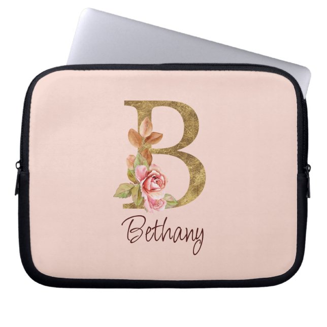 Naam Goud Folie Blush Roze Rozen Letter B Laptop Sleeve (Voorkant)