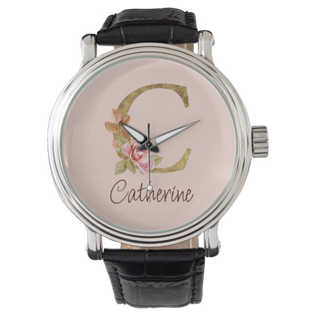 Naam Goud Folie Blush Roze Rozen Letter C Horloge (Voorkant)