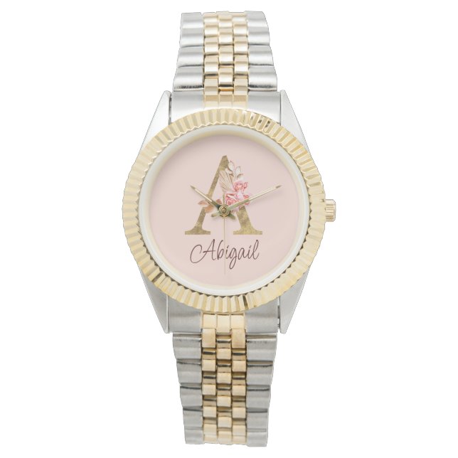 Naam Goud Folie Roze Rozen Letter A Horloge (Voorkant)
