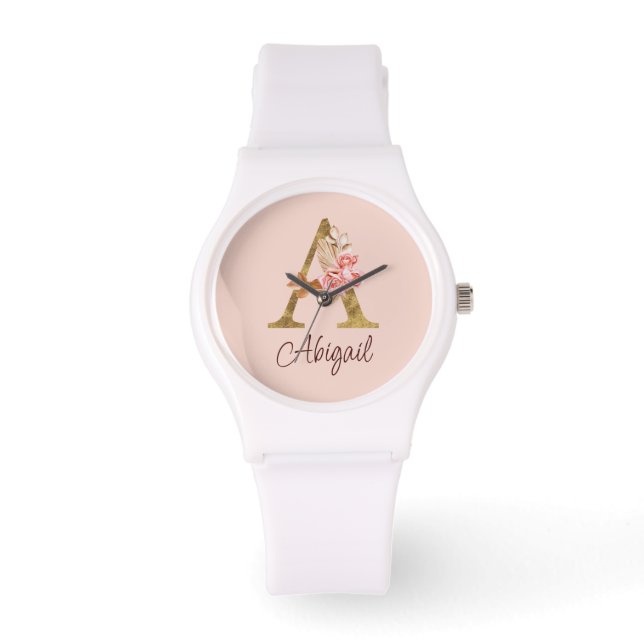 Naam Goud Folie Roze Rozen Letter A Horloge (Voorkant)