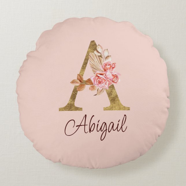 Naam Goud Folie Roze Rozen Letter A Rond Kussen (Voorkant)