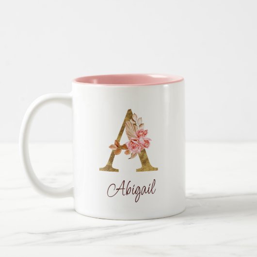 Naam Goud Folie Roze Rozen Letter A Tweekleurige Koffiemok (Links)