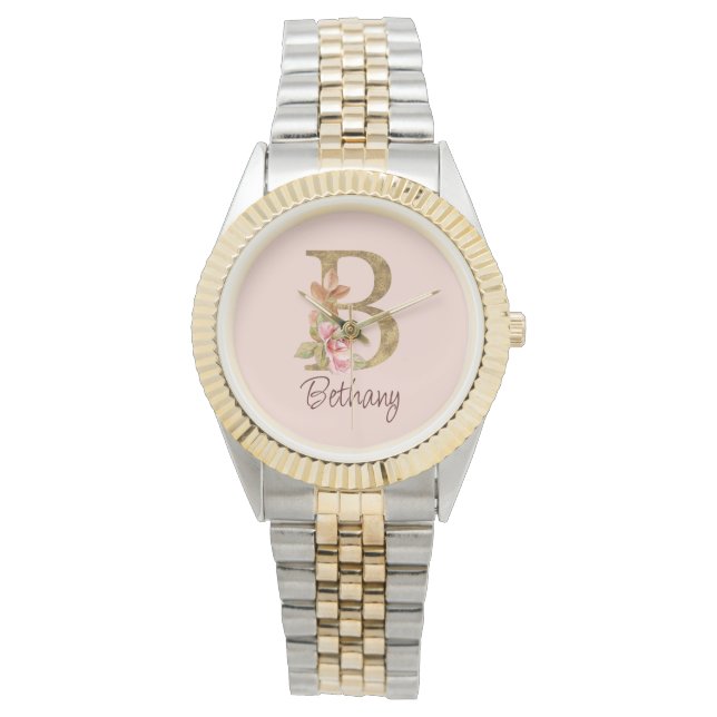 Naam Goud Folie Roze Rozen Letter B Horloge (Voorkant)