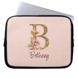 Naam Goud Folie Roze Rozen Letter B Laptop Sleeve