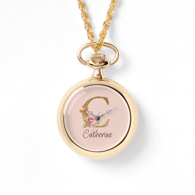 Naam Goud Folie Roze Rozen Letter C Horloge (Voorkant)