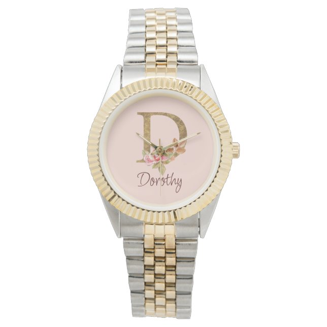 Naam Goud Folie Roze Rozen Letter D Horloge (Voorkant)