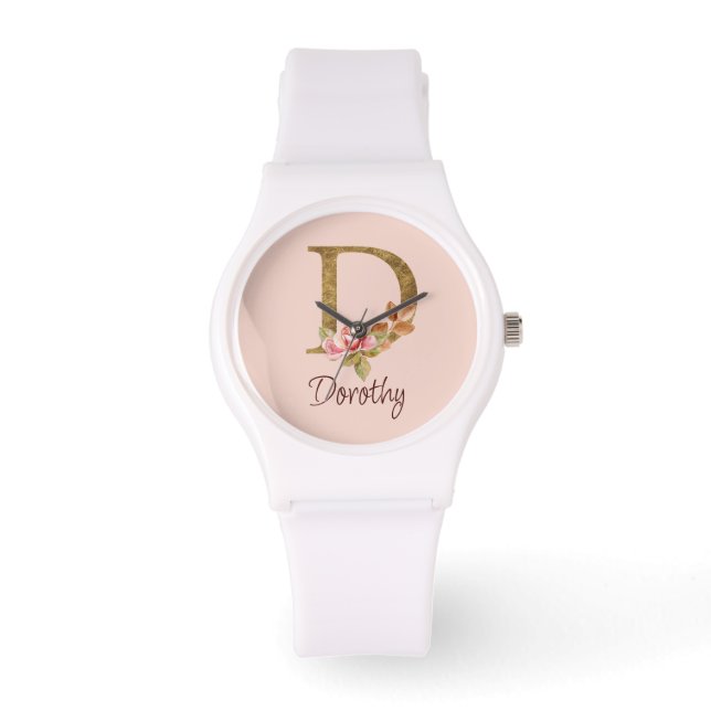 Naam Goud Folie Roze Rozen Letter D Horloge (Voorkant)