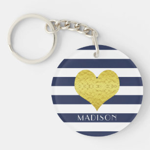 Naam Goud Hart Blauw Wit Strepen Patroon Sleutelhanger