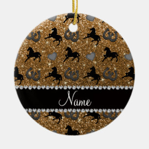 Naam gouden glitterpaarden harten hoefijzer keramisch ornament