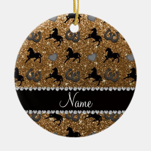 Naam gouden glitterpaarden harten hoefijzer keramisch ornament (Voorkant)