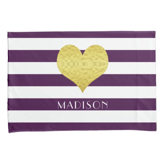 Naam Gouden Hart Paarse Witte Strepen Patroon Kussensloop (Voorkant-Rechts)