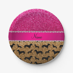Naam goudglitter dachshunds roze glitter papieren bordje