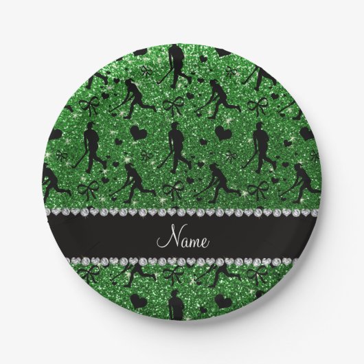 Naam groene glitter hockey harten boeg papieren bordje (Voorkant)