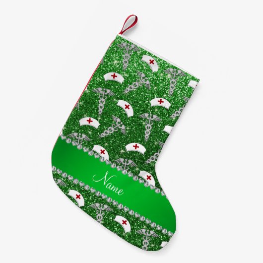 Naam groene glitterzuster petten Silver Caduceus Kleine Kerstsok (Voorkant (Hangend))
