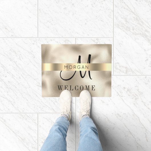 Naam & groot monogram, bericht, zwarte tekst, goud deurmat (Binnen)