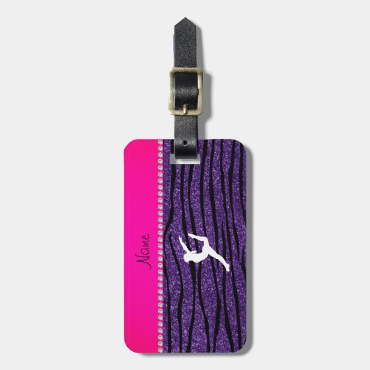 Naam gymnast paarse glitter zebra stripes bagagelabel (Voorkant verticaal)