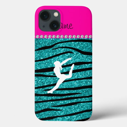 Naam gymnast turquoise glitter zebra stripes Case-Mate iPhone case (Achterkant)