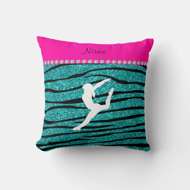 Naam gymnast turquoise glitter zebra stripes kussen (Voorkant)