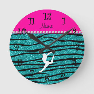 Naam gymnast turquoise glitter zebra stripes ronde klok