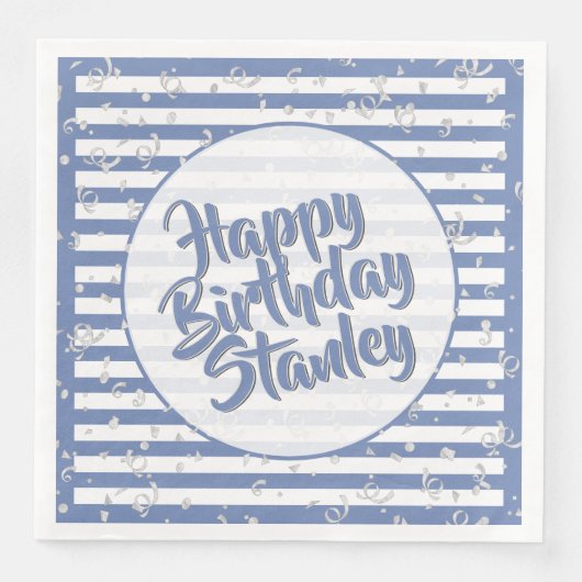 Naam Happy Birthday Blue Simple Stripes Patroon Servet (Voorkant)
