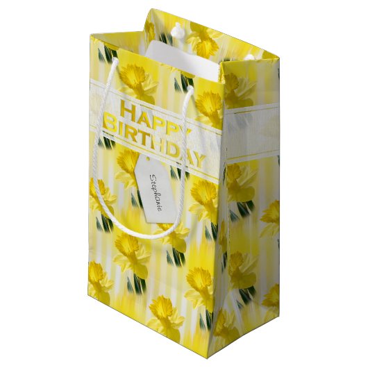 Naam "Happy Birthday" Gele affodils Fotografie Klein Cadeauzakje (Voorkant Gekanteld)