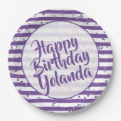 Naam Happy Birthday Paarse eenvoudige streepjespat Papieren Bordje (Voorkant)