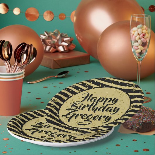 Naam | Happy Birthday Simple Stripes Black/Gold Papieren Bordje (Multi)