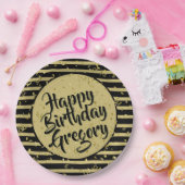 Naam | Happy Birthday Simple Stripes Black/Gold Papieren Bordje (Feest)
