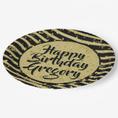 Naam | Happy Birthday Simple Stripes Black/Gold Papieren Bordje (Gekanteld)