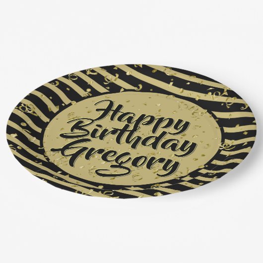 Naam | Happy Birthday Simple Stripes Black/Gold Papieren Bordje (Gekanteld)
