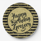Naam | Happy Birthday Simple Stripes Black/Gold Papieren Bordje (Voorkant)