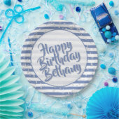 Naam | Happy Birthday Simple Stripes Pattern Blue Papieren Bordje (Feest)