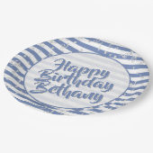 Naam | Happy Birthday Simple Stripes Pattern Blue Papieren Bordje (Gekanteld)