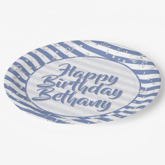 Naam | Happy Birthday Simple Stripes Pattern Blue Papieren Bordje (Gekanteld)