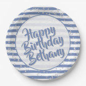 Naam | Happy Birthday Simple Stripes Pattern Blue Papieren Bordje (Voorkant)