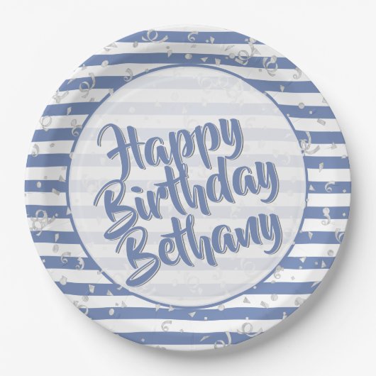 Naam | Happy Birthday Simple Stripes Pattern Blue Papieren Bordje (Voorkant)