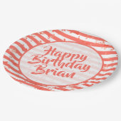 Naam | Happy Birthday Simple Stripes Pattern Coral Papieren Bordje (Gekanteld)
