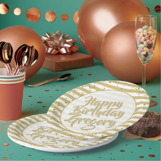 Naam | Happy Birthday Simple Stripes Pattern Gold Papieren Bordje (Multi)